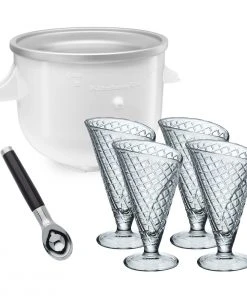 Best Sale ???? KitchenAid Ice Cream Maker Attachment (Fits On Any KitchenAid Mixer) + Ice Cream Glasses (Set Of 4) & Ice Cream Scoop White & Stainless ✨