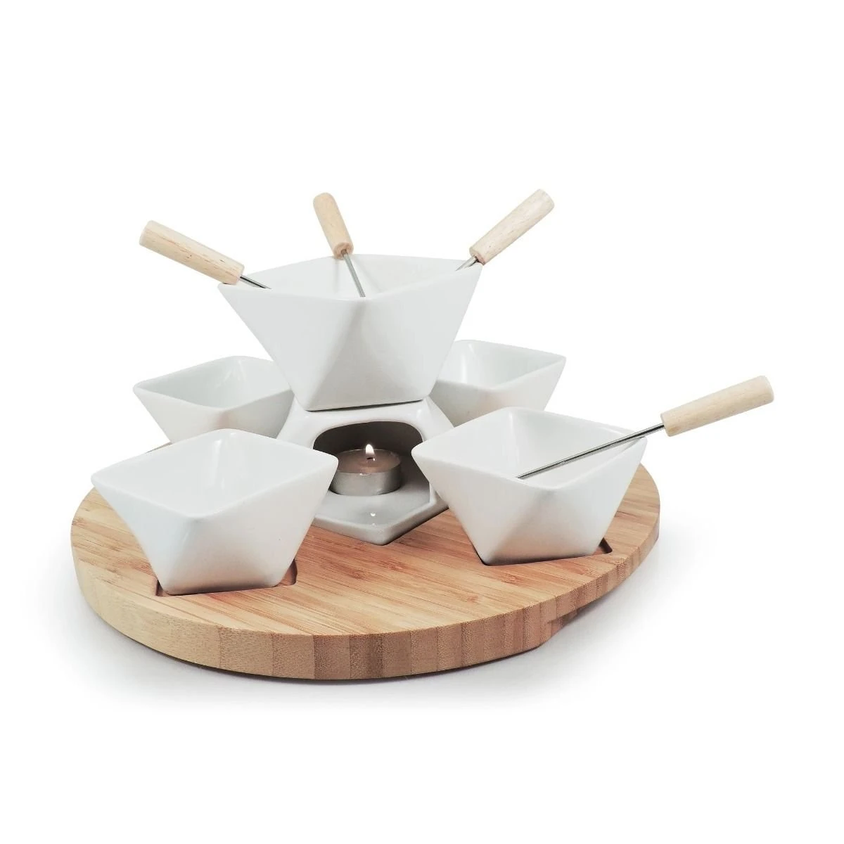 Wholesale ???? Swissmar Rubik 12-Piece Fondue Set | White With Wood Base Natural, White ???? 3 Wholesale ???? Swissmar Rubik 12-Piece Fondue Set | White With Wood Base Natural, White ????