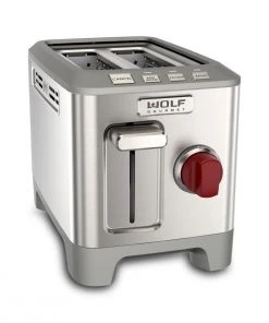 Wholesale ???? Wolf Gourmet 2-Slice Toaster | Red Knobs Red, Stainless Steel ???? -KitchenAid Sales Store wgtr102s angled